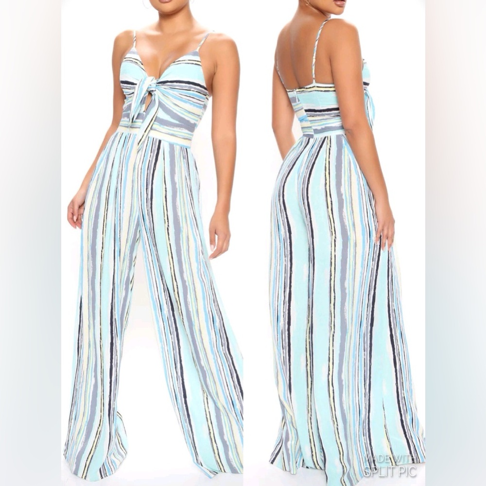 NWT Striped Light Blue Tie-Front Wide-Leg Jumpsuit